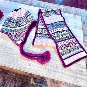 🥳 5/$25 OSFM Knit‎ Fair Isle Hat and Scarf Set Pink Burgundy Women’s OS